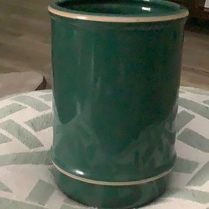 Vintage stoneware by Pomerantz. Small green utensil crock.
